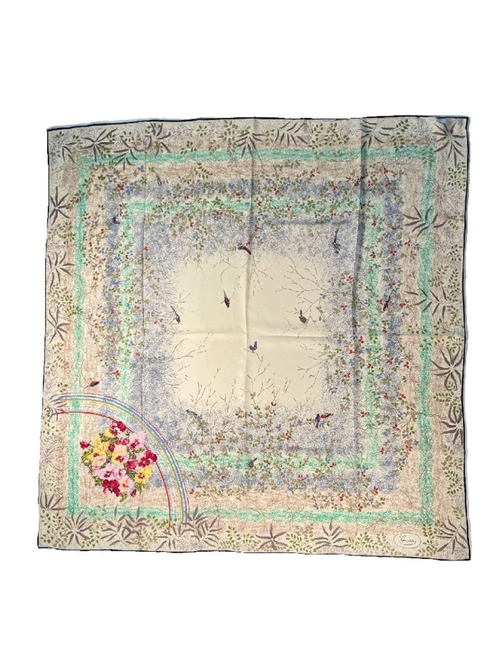 Vintage Gucci Silk Scarf Birds Floral Rainbow Garden 33" Italy Rolled Hem